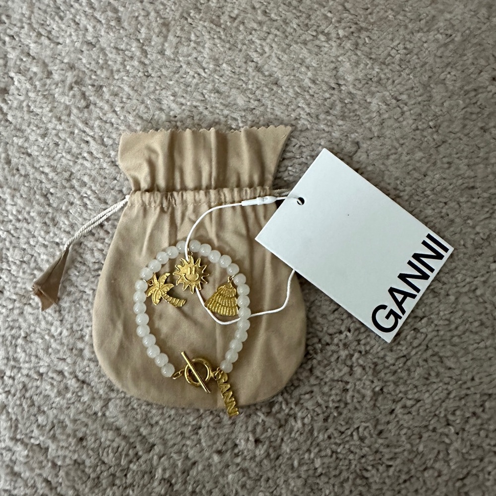 GANNI Beaded Bracelet with Gold Charms white